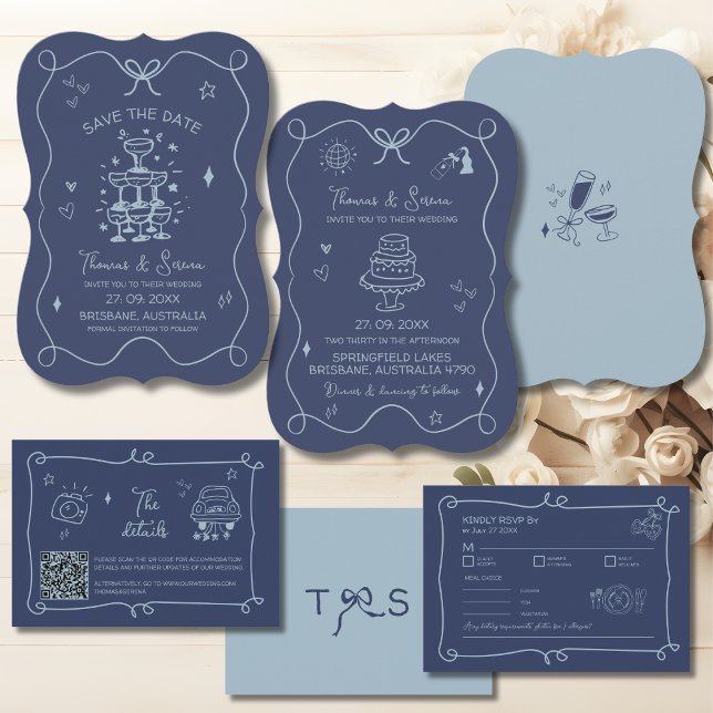 QR Code Hand Drawn Doodle Modern Scribble Blue  Enclosure Card (Creator Uploaded)