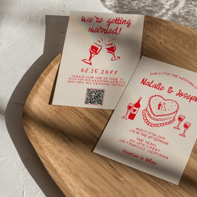 QR Code Hand Drawn Red Quirky Cake Wedding Invitation (Creator Uploaded)