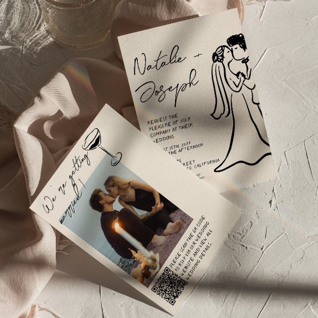 QR  Code Hand Drawn Written Couple Photo Wedding  Invitation (Creator Uploaded)