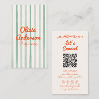 QR Code Hand Drawn Written Green Orange Boho Fun Business Card