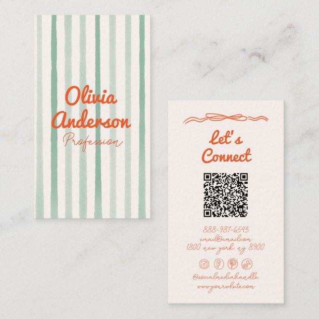 QR Code Hand Drawn Written Green Orange Boho Fun Business Card (Front/Back)