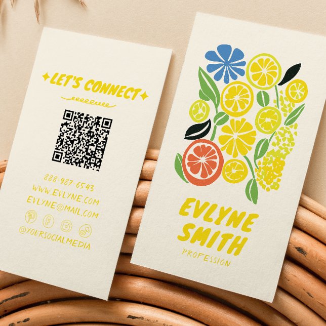 QR Code Hand Drawn Yellow Lemonade Retro Summer Business Card (Creator Uploaded)