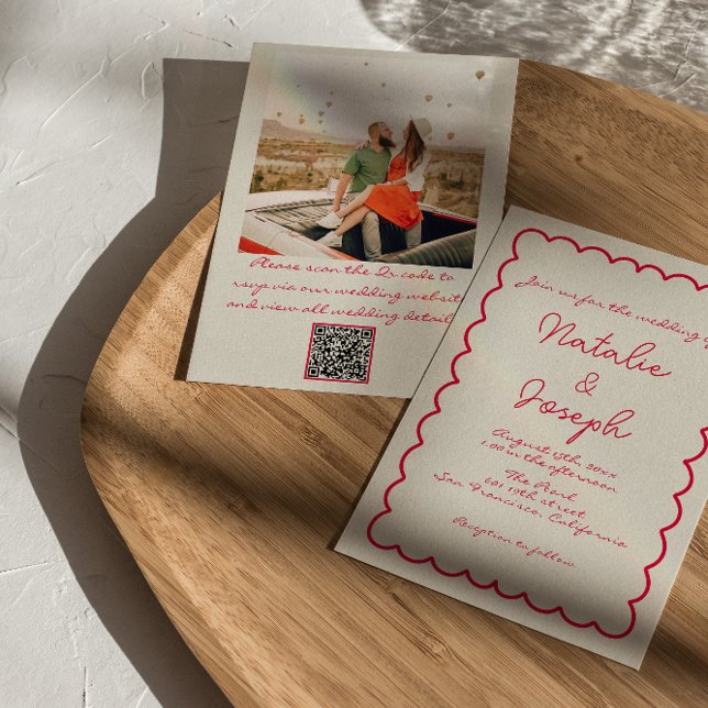 QR Code Hand-Written Colourful Retro Photo Wedding Invitation (Creator Uploaded)