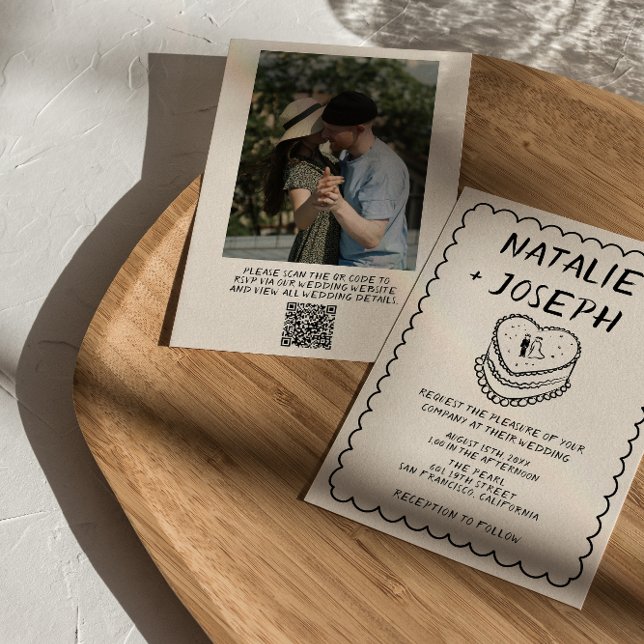 QR Code Hand Written Drawn Cake Photo Wedding Invitation (Creator Uploaded)