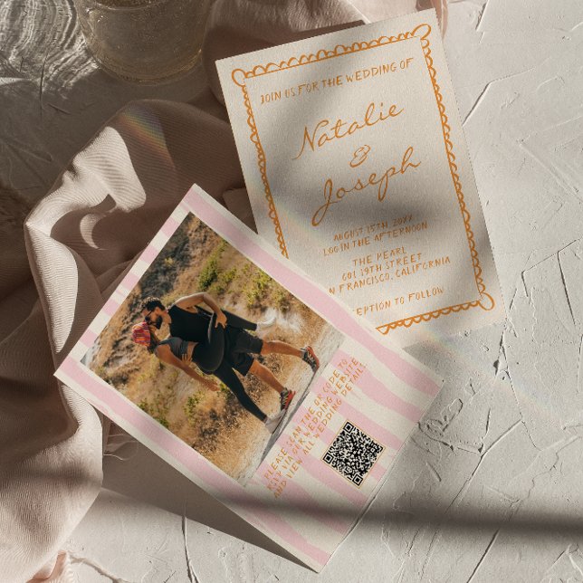 QR Code Hand Written Pinstripes Photo Wedding Invitation (Creator Uploaded)