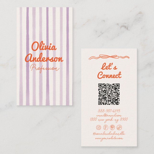 QR Code Hand Written Purple Orange Whimsy Boho  Business Card (Front/Back)