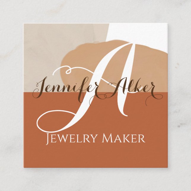 QR Code Handmade Jewellery Hand Lettered Monogram  Square Business Card (Front)