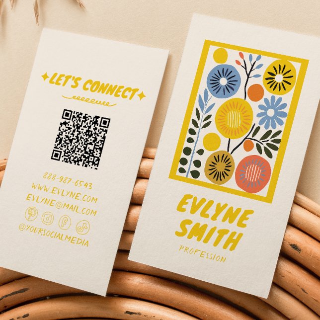 QR Code Handwritten Drawn Yellow Bold Retro Floral Business Card (Creator Uploaded)