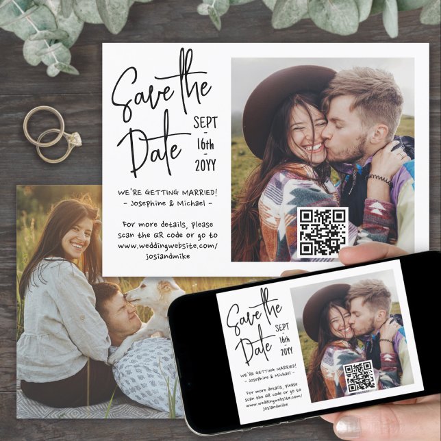 QR Code Handwritten Style Casual 2 Photo Wedding Save The Date (Creator Uploaded)