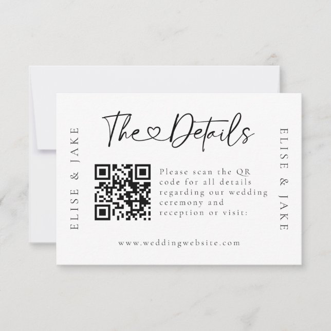 QR Code Heart Font Wedding Details Card (Front)
