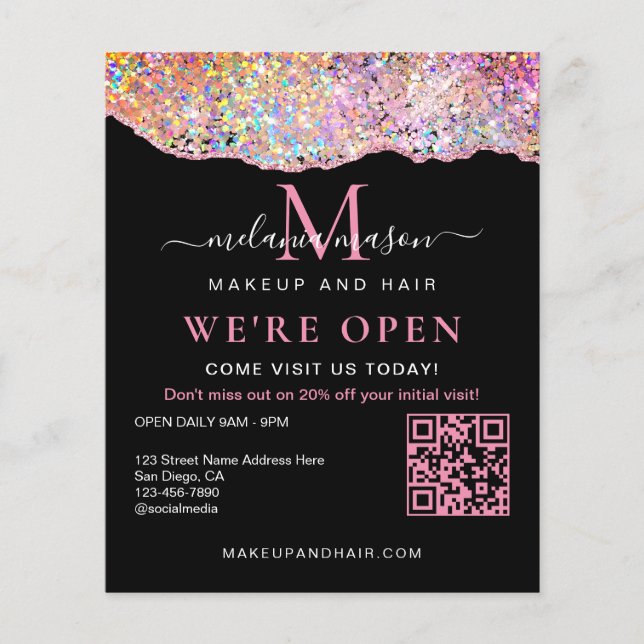 QR Code Holographic Agate Glitter We're Open Black Flyer (Front)