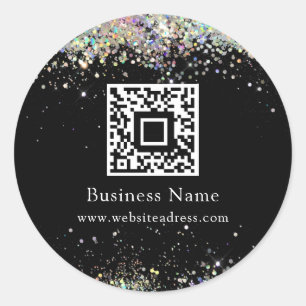 QR Code Holographic Glitter Business Black Classic Round Sticker