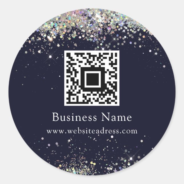 QR Code Holographic Glitter Business Blue Classic Round Sticker (Front)