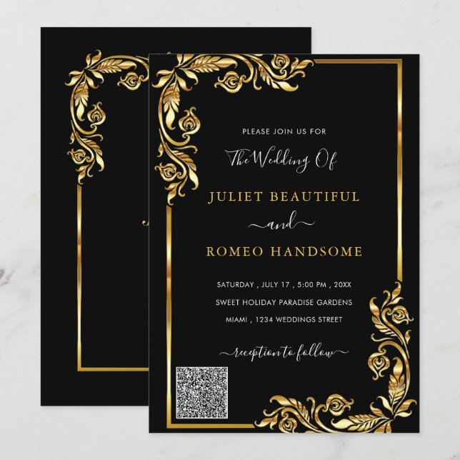QR Code Info Black Gold Modern Wedding Invitation (Front/Back)