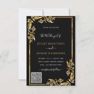 QR Code Info Black Gold Wedding Invitation Card