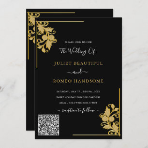 QR Code Info Floral Black Gold Wedding Invitation