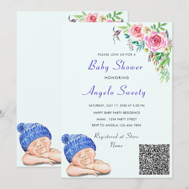 QR Code Info Happy Sleeping Baby Shower Invitation (Front/Back)