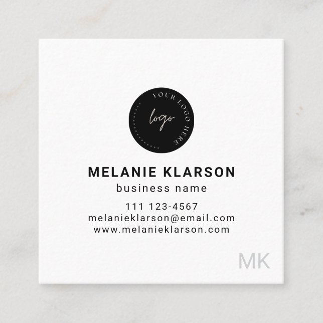 QR Code Initial Minimal Monogram Black and White Square Business Card (Front)