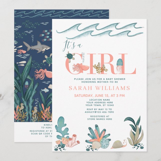 QR Code It's a Girl Under the Sea Baby Shower Invitation (Front/Back)