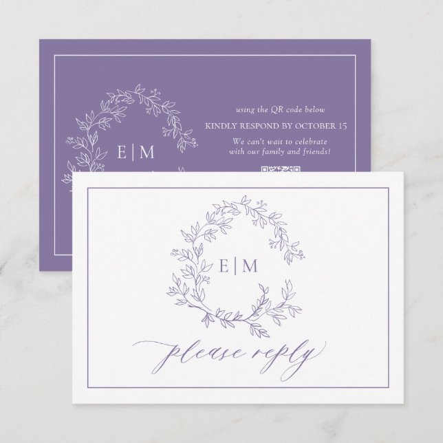 QR Code Lavender Leafy Crest Monogram Wedding RSVP Card (Front/Back)