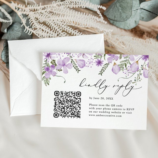QR code Lavender Watercolor Floral Wedding RSVP  Card (Creator Uploaded)