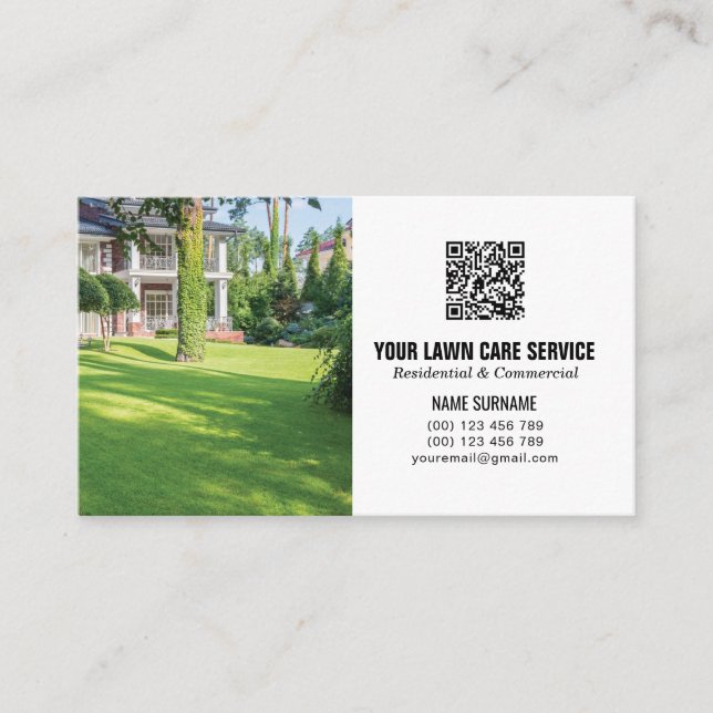 QR code Lawn Care business card with photos (Front)