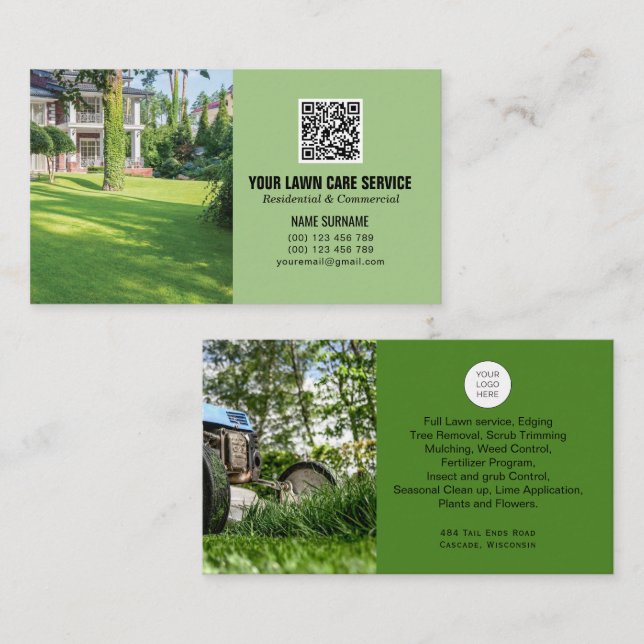 QR code Lawn Care business card with photos (Front/Back)