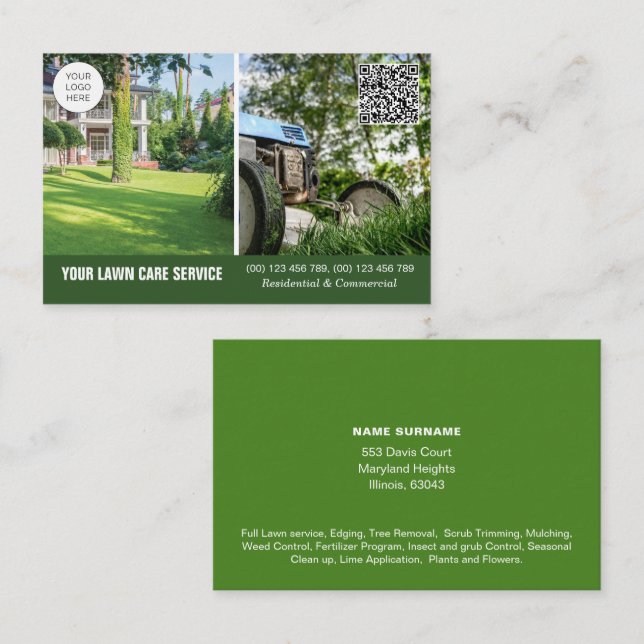 QR code Lawn Care business card with photos (Front/Back)