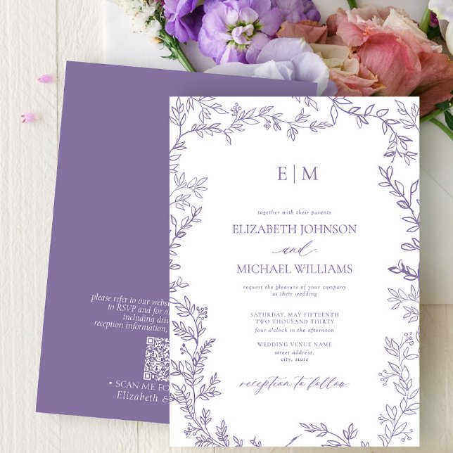 QR Code Leaf Lavender Elegant Monogram Wedding Invitation (Creator Uploaded)