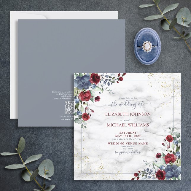 QR Code Light Dusty Blue Burgundy Gold Floral Invitation (Creator Uploaded)