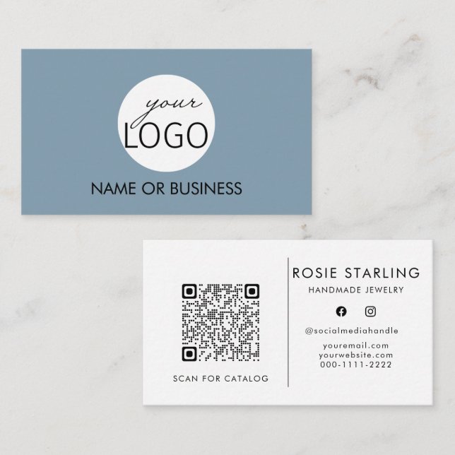 QR Code Light Pale Blue Professional Logo Business Card (Front/Back)