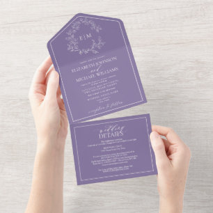 QR Code Lilac Lavender Leafy Crest Monogram All In One Invitation