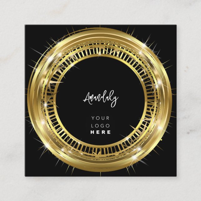 QR Code Logo Black White Golden Frame Circle Square Business Card (Front)