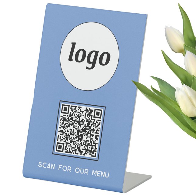 QR Code Logo Business Scan for Menu Blue Pedestal Sign (Logo QR code custom text scan for menu pedestal sign)