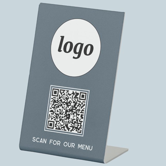 QR Code Logo Business Scan for Menu Charcoal Gray Pedestal Sign (Simple logo QR code custom text business branding promotional scan for menu pedestal sign)