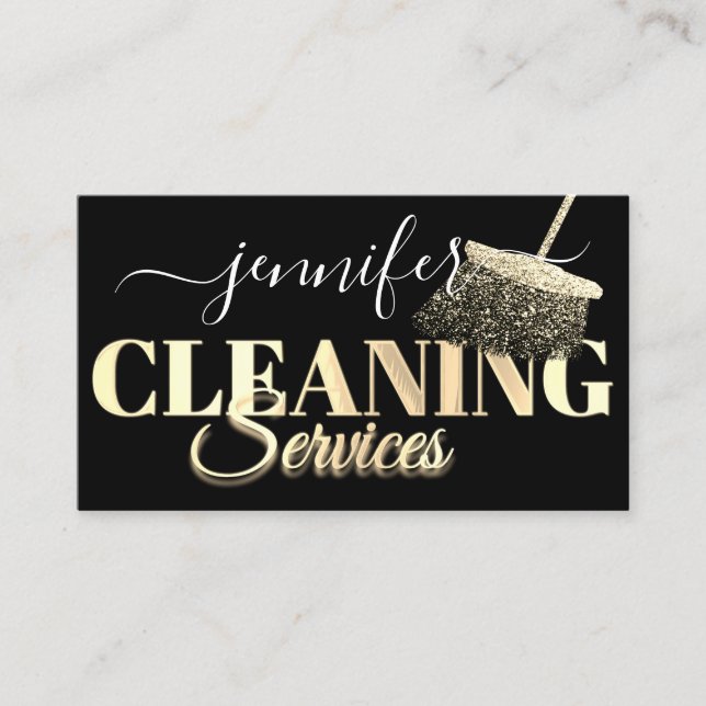 QR Code Logo Cleaning Services Golden Script Black Business Card (Front)