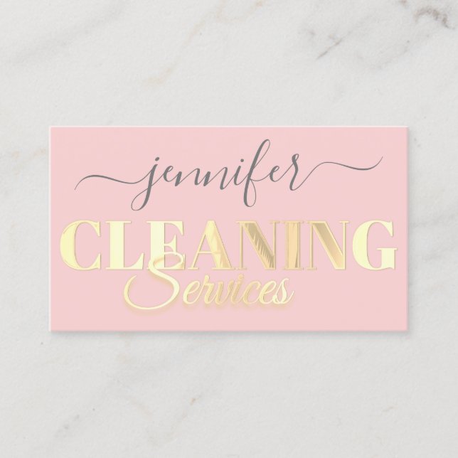 QR Code Logo Cleaning Services Golden Script Pink  Business Card (Front)