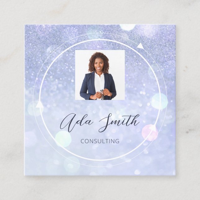 QR Code Logo Custom Custom Photo Blue Glitter Square Business Card (Front)