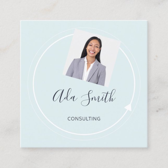 QR Code Logo Custom Custom Photo Consulting Blue Square Business Card (Front)