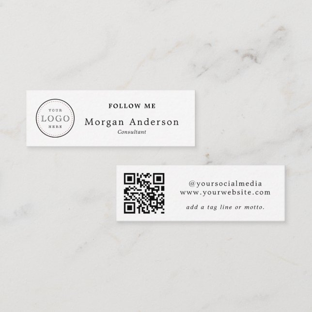 QR Code Logo Elegant Black & White Social Media  M Mini Business Card (Front/Back)