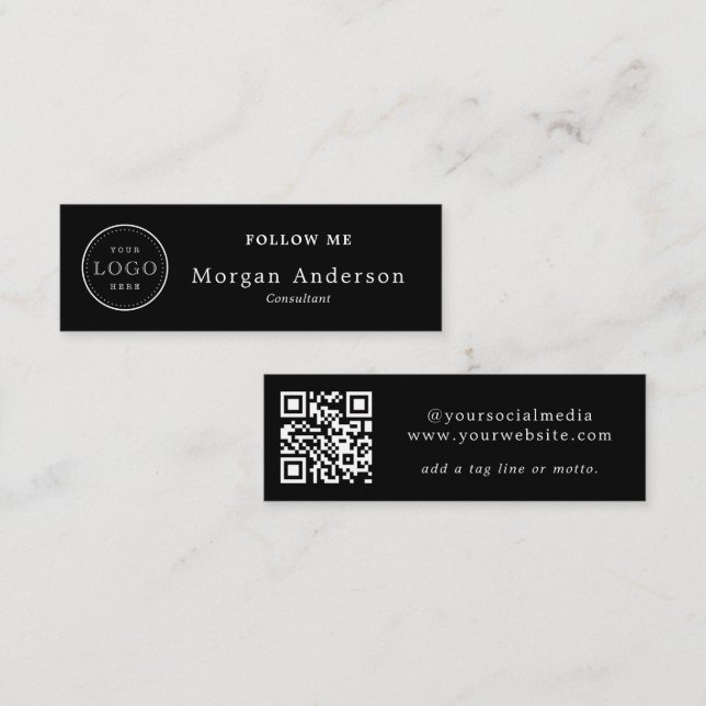 QR Code Logo Elegant Black & White Social Media  M Mini Business Card (Front/Back)