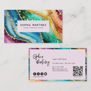 QR Code & Logo Elegant Rainbow Agate gold Glitter  Business Card