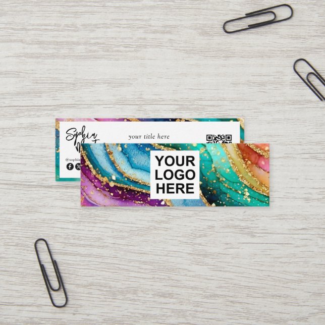 QR Code & Logo Elegant Rainbow Agate gold Glitter  Mini Business Card (Front/Back In Situ)