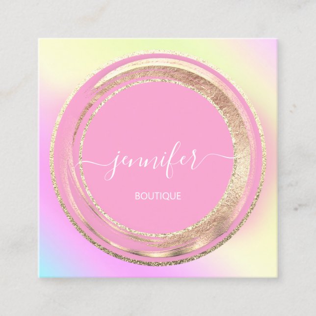 QR Code Logo Glitter Gold Drips Holograph Pastels Square Business Card (Front)