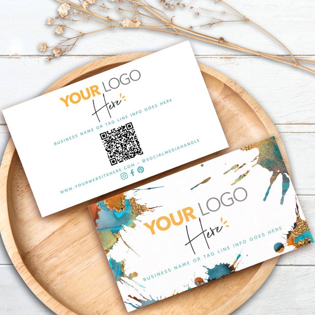 QR Code Logo Gold Turquoise Watercolor Splatter Business Card (Creator Uploaded)