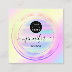 QR Code Logo Holographic Pink Gold Ombre  Square Business Card