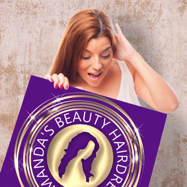  QR Code Logo Online Shop Frame Gold Purple  Square Business Card (QR Code Logo Online Shop Frame Gold Purple Square Business Card)