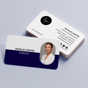 QR CODE  Logo OVAL Photo Professional NAVY BLUE Business Card