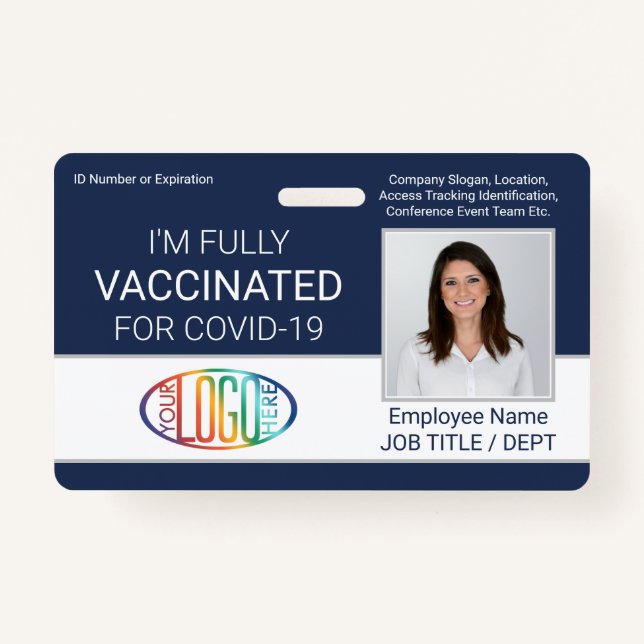 QR Code Logo Photo Employee ID Vaccine Pass Navy Badge (Front)