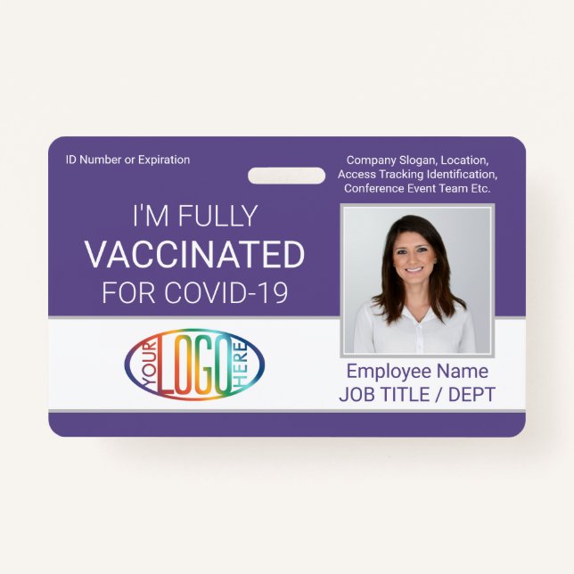 QR Code Logo Photo Employee ID Vaccine Pass Purple Badge (Front)